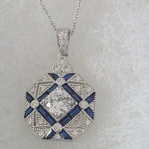 NWT-Silver Sapphire CZ Necklace-Silver 16" Chain Beautiful Piece! -Read Descript